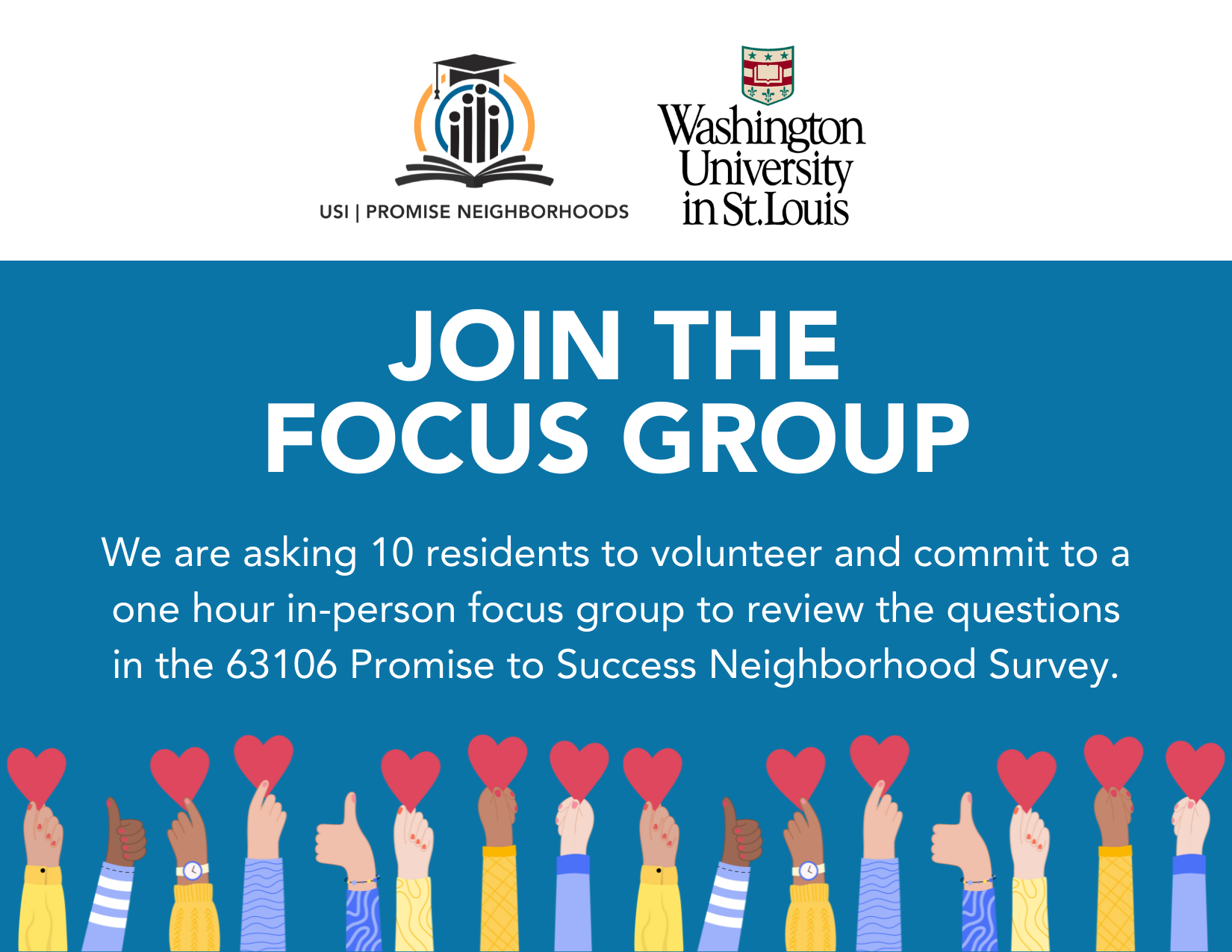 A flyer for the Neighborhood Survey Focus Group. USI Promise to Success logo and the St. Louis Washington University logo at the top. It has the same text as the description below the image in a blue box. There are a variety of hands holding up hearts at the bottom to represent volunteers.